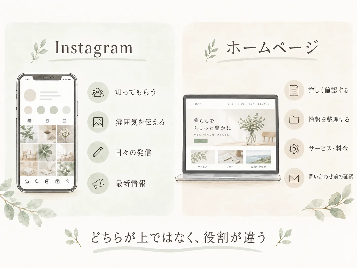 Instagramは日々の発信や雰囲気を伝え、ホームページはサービスや料金などの情報を整理して見せるという役割の違いを示した図解